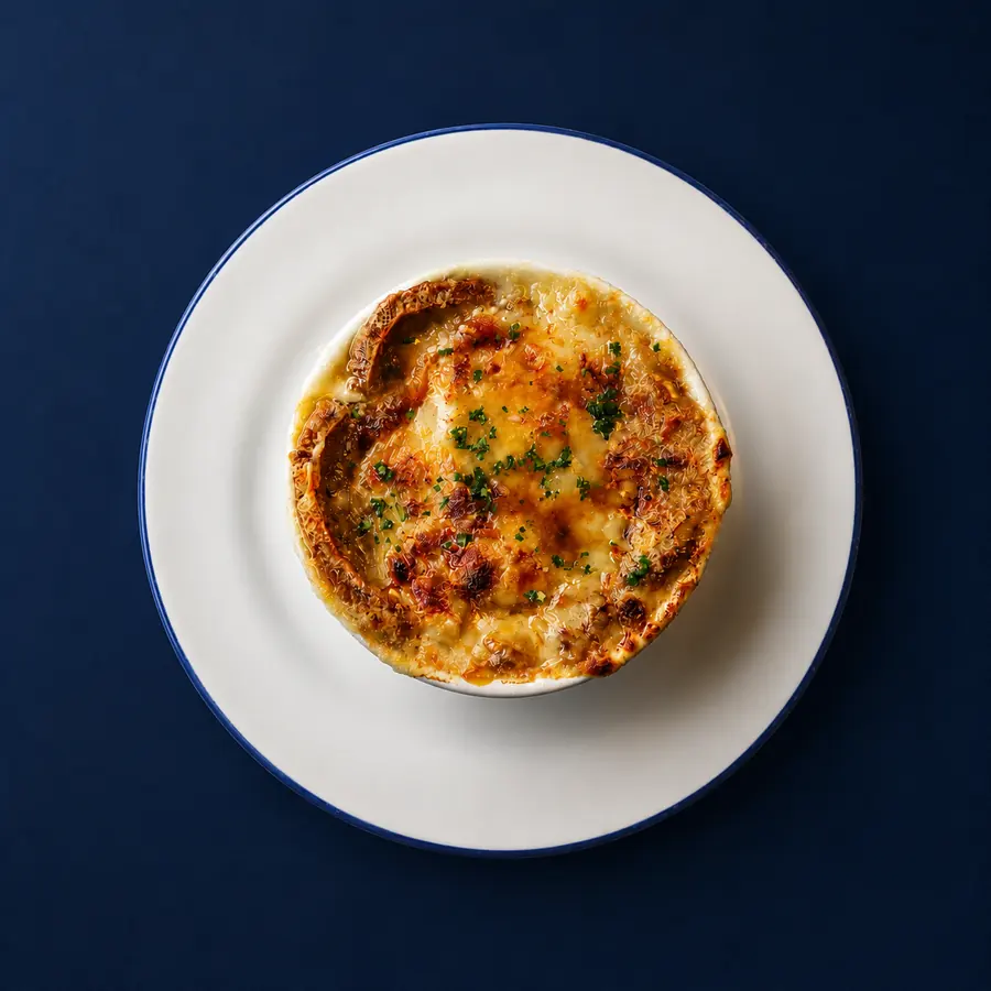Gratinado individual en plato blanco de borde azul