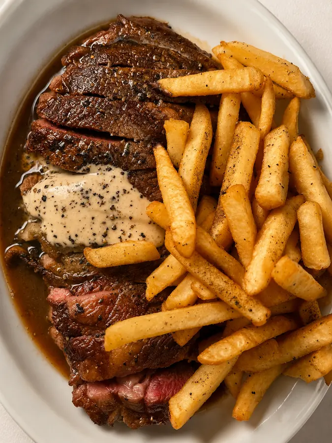 Corte con papas a la francesa y salsa