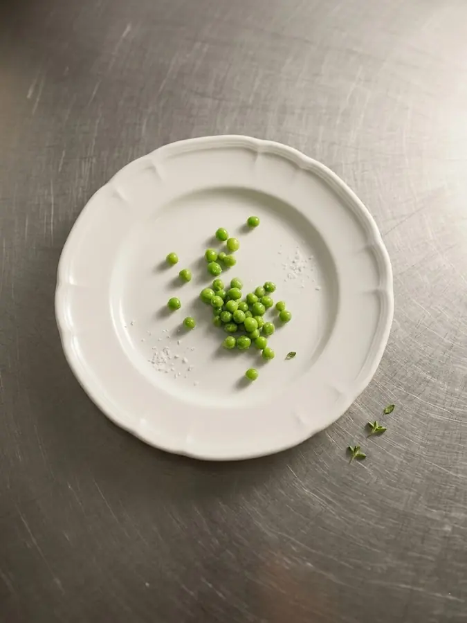Plato blanco con cebollín picado sobre superficie metálica