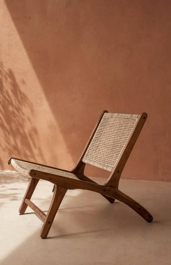 Silla de madera y ratán frente a un muro terracota